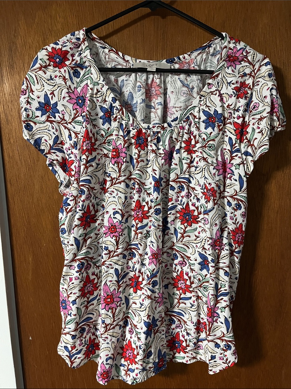 LOFT Cream Floral Short-Sleeve Scoop Neck Blouse (linen/cotton)